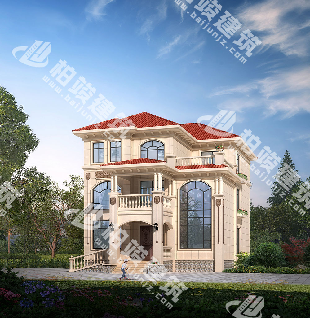 農(nóng)村三層別墅設(shè)計(jì)圖紙，簡(jiǎn)歐風(fēng)格，帶雙層落地窗、輪椅坡道