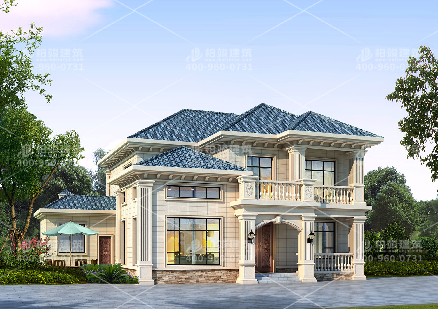 新中式別墅設(shè)計(jì)圖，帶輔房墨綠色房頂。