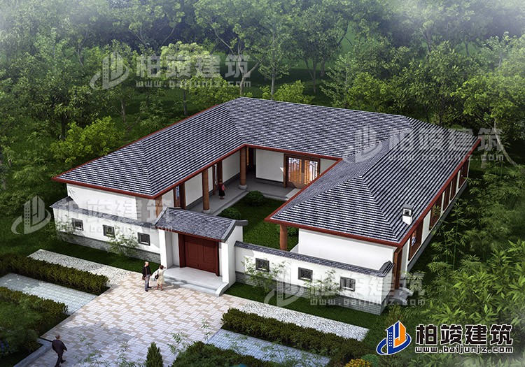 中式三合院平房設計圖及效果圖、施工圖BZ168-新中式風格