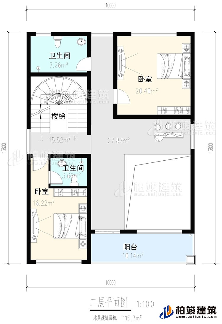 二層：2臥室，內(nèi)衛(wèi)，公衛(wèi)，樓梯，陽臺