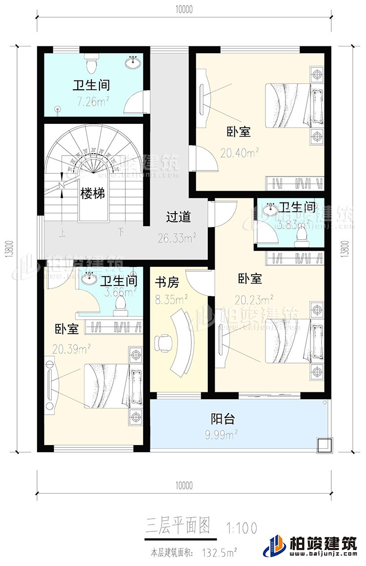 三層：3臥室，2內(nèi)衛(wèi)，公衛(wèi)，樓梯，書房，陽臺