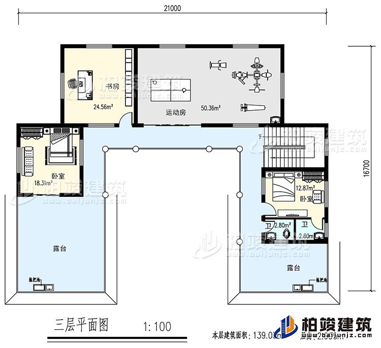 三層：書房，運(yùn)動房，2臥室，2衛(wèi)生間，露臺