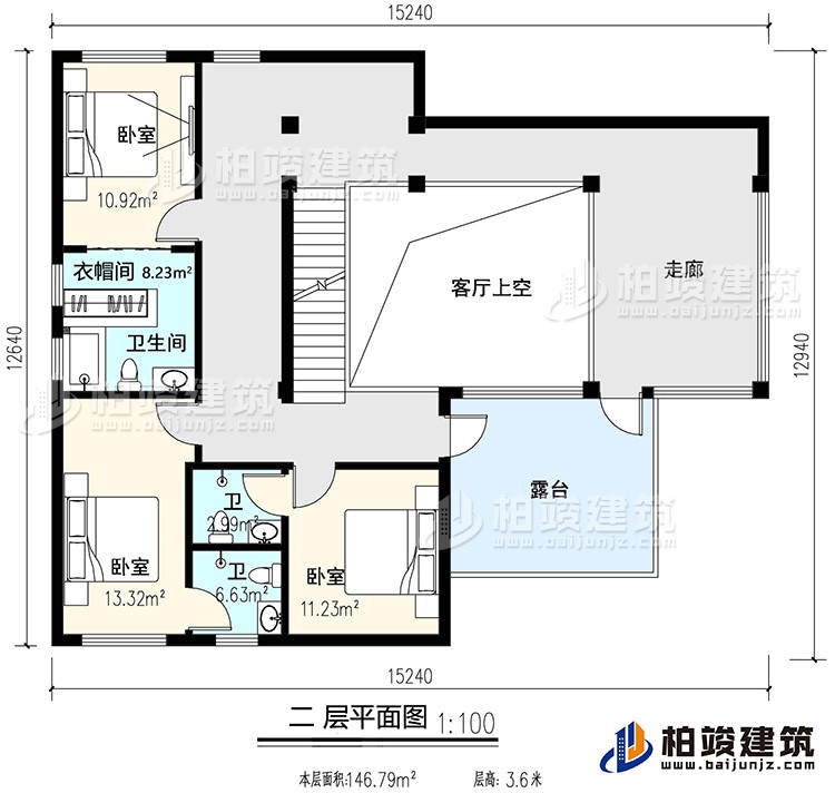 二層：3臥室，內衛(wèi)，公衛(wèi)，起居室，樓梯，陽臺，露臺，書房
