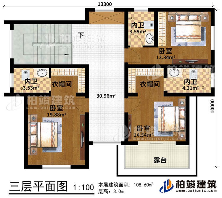 三層：3臥室、2衣帽間、3內(nèi)衛(wèi)、露臺