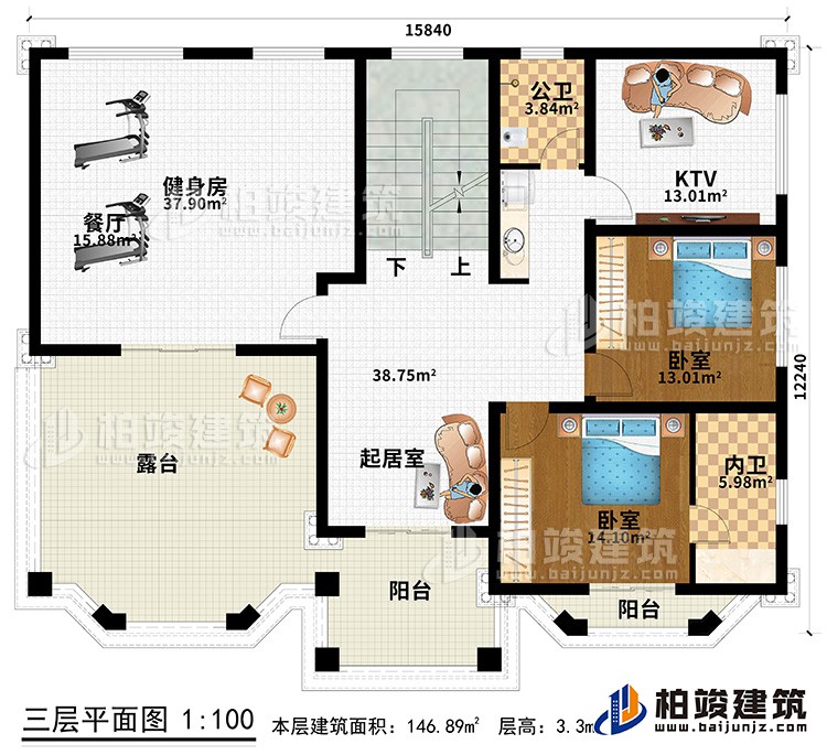 三層：健身房、起居室、2臥室、KTV、公衛(wèi)、內(nèi)衛(wèi)、露臺(tái)、2陽(yáng)臺(tái)