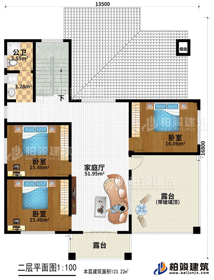 二層：3臥室，家庭廳，2露臺(tái)，公衛(wèi)。