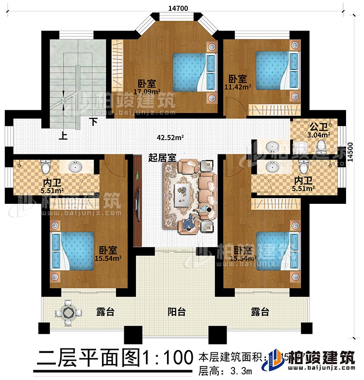 二層：2露臺(tái)、陽臺(tái)、4臥室、2內(nèi)衛(wèi)、公衛(wèi)、起居室
