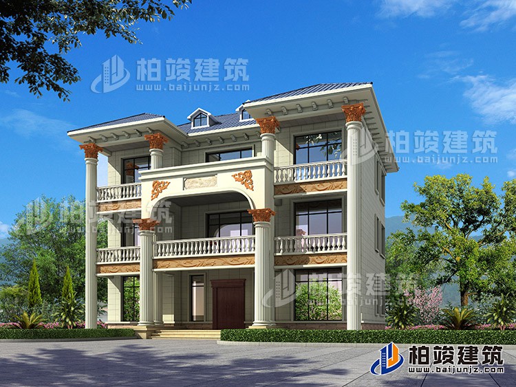 新農(nóng)村私人三層別墅建筑設計施工圖，全套別墅設計圖紙BZ372-簡歐風格