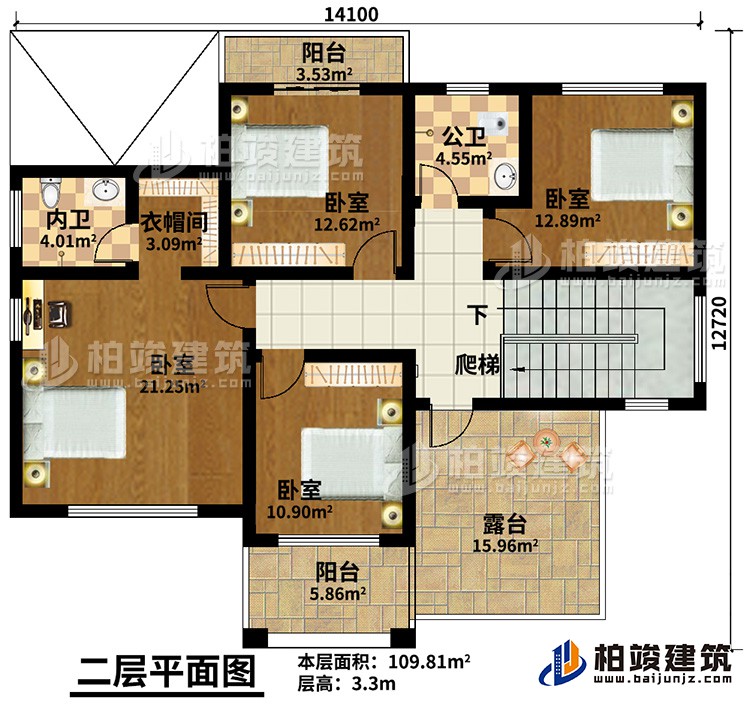 二層：4臥室，公衛(wèi)，內(nèi)衛(wèi)，2陽臺，露臺