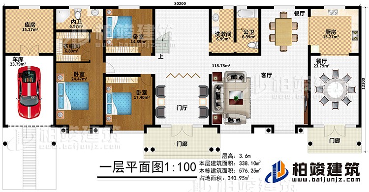 一層：2門廊、門廳、客廳、2餐廳、廚房、公衛(wèi)、洗漱間、3臥室、衣帽間、內(nèi)衛(wèi)、庫房、車庫