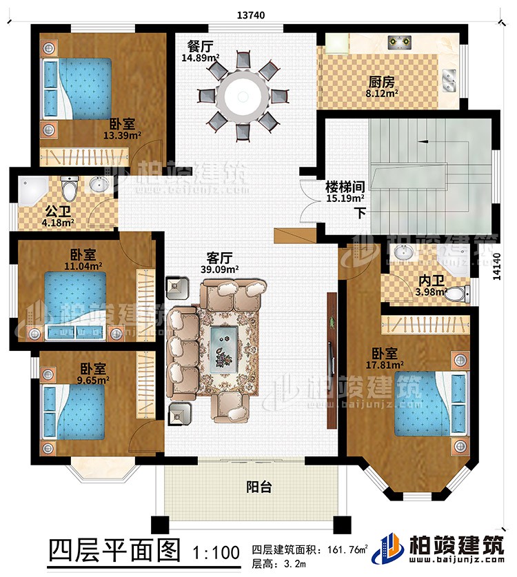 四層：陽臺(tái)、客廳、餐廳、樓梯間、廚房、4臥室、公衛(wèi)、內(nèi)衛(wèi)