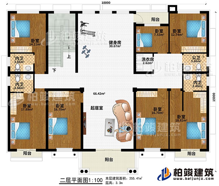 二層：7臥室、起居室、健身房、3內(nèi)衛(wèi)、公衛(wèi)、洗衣房、4陽臺