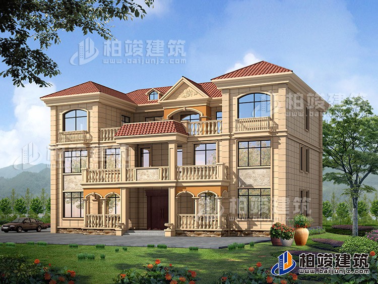 三層雙拼農(nóng)村房屋設計圖紙，全套施工圖及效果圖BZ383-簡歐風格