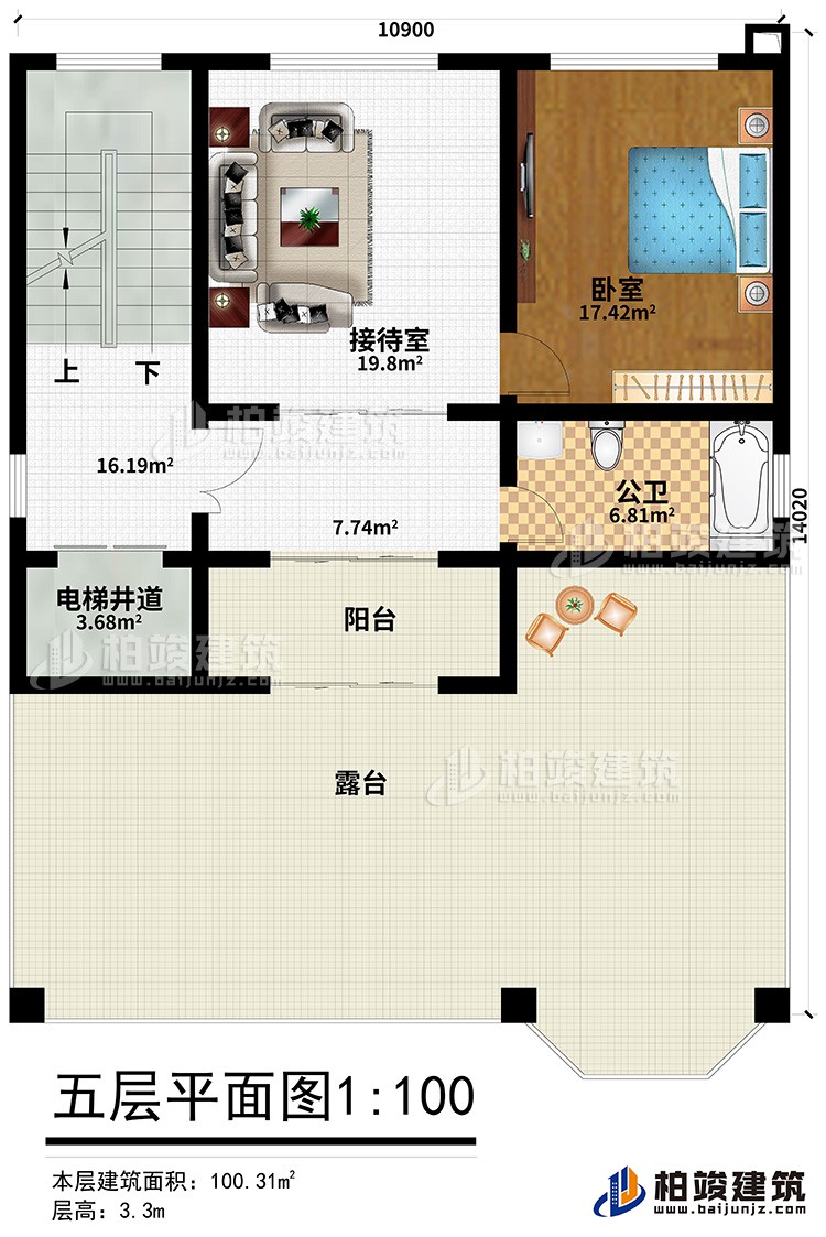 五層：接待室、臥室、公衛(wèi)、電梯井道、露臺(tái)、陽(yáng)臺(tái)