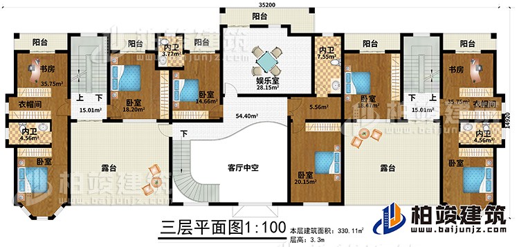 三層：6臥室、2衣帽間、2書房、4內(nèi)衛(wèi)、娛樂室、6陽臺、2露臺、客廳中空