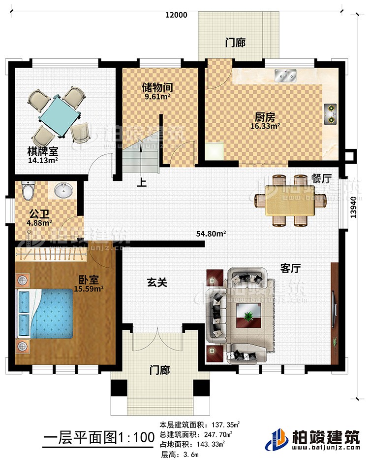 一層：2門廊、玄關(guān)、客廳、餐廳、廚房、儲(chǔ)物間、棋牌室、公衛(wèi)、臥室