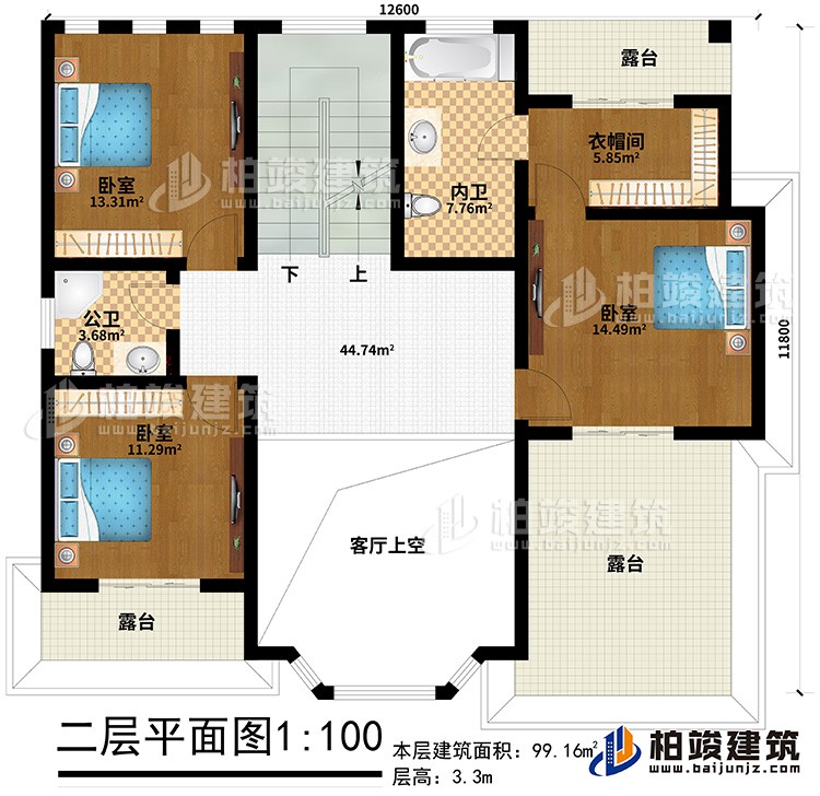 二層：3臥室，衣帽間、公衛(wèi)、內衛(wèi)、3露臺、客廳上空