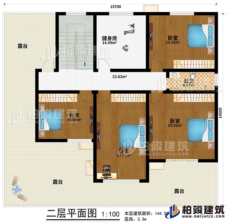 二層：4臥室，公衛(wèi)，健身房，露臺(tái)