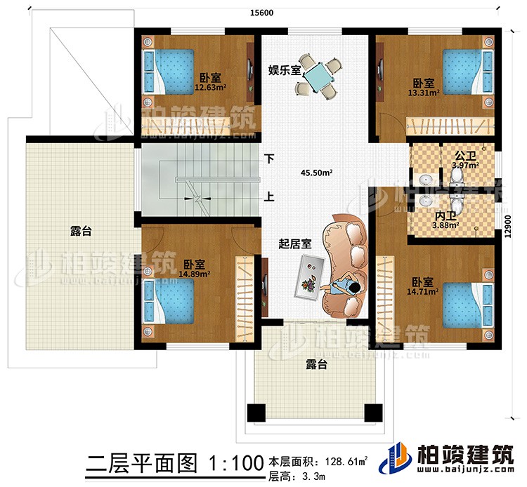 二層：4臥室，內(nèi)衛(wèi)，公衛(wèi)，起居室，樓梯，棋牌室，2露臺(tái)