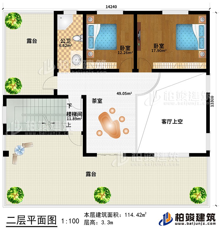 二層：客廳上空、茶室、樓梯間、2臥室、公衛(wèi)、2露臺