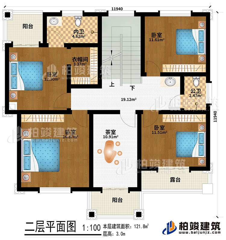 二層：4臥室、衣帽間、茶室、公衛(wèi)、內(nèi)衛(wèi)、2陽臺、露臺