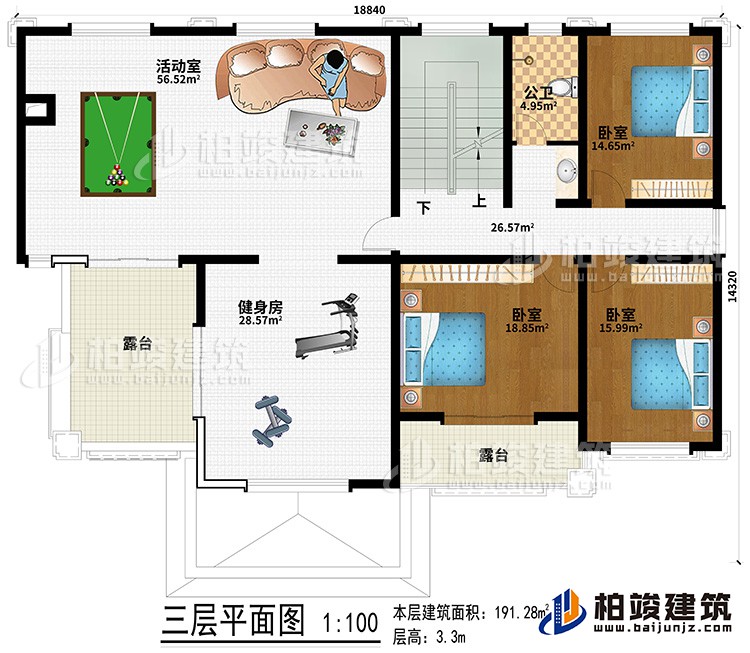 三層：健身房、活動室、3臥室、公衛(wèi)、２露臺