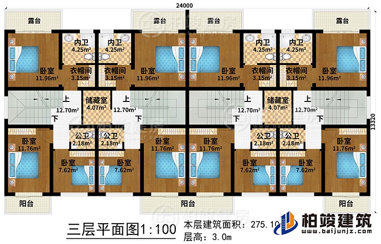 三層：12臥室、4公衛(wèi)、4內(nèi)衛(wèi)、2儲(chǔ)藏室、4衣帽間、3陽(yáng)臺(tái)、4露臺(tái)