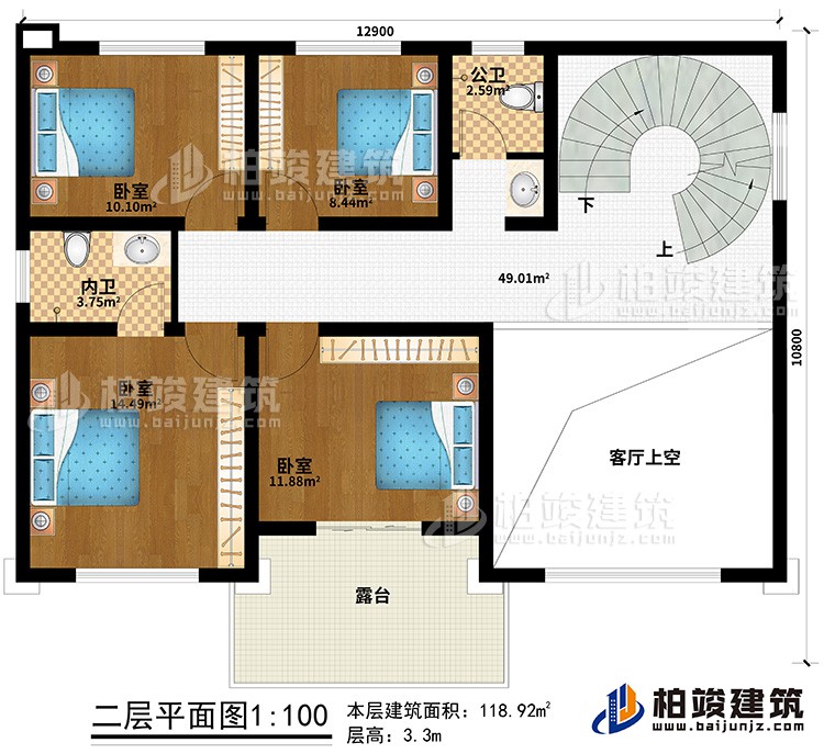 二層：4臥室、公衛(wèi)、內(nèi)衛(wèi)、客廳上空、露臺(tái)