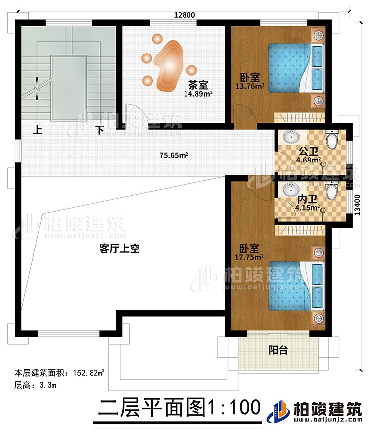 二層：2臥室，茶室，2衛(wèi)生間，陽(yáng)臺(tái)
