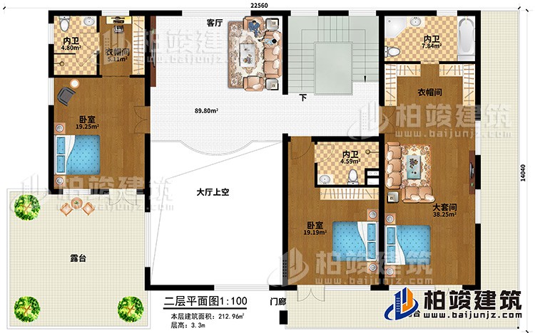 二層：客廳，大套間帶內(nèi)衛(wèi)和衣帽間，單間帶內(nèi)衛(wèi)，中套間帶內(nèi)衛(wèi)和衣帽間，2露臺(tái)，樓梯