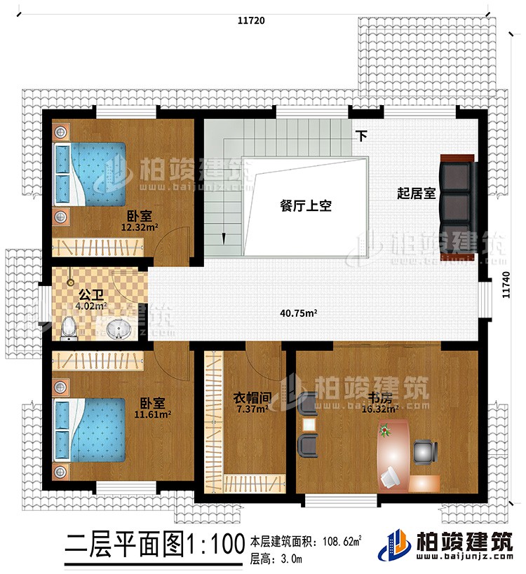 閣樓：起居室、餐廳上空、公衛(wèi)、2臥室、衣帽間、書房