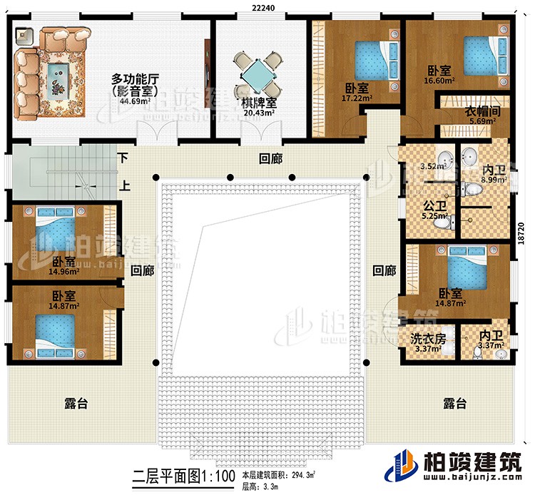 二層：多功能廳（影音室）、棋牌室、5臥室、衣帽間、公衛(wèi)、2內(nèi)衛(wèi)、洗衣房、3回廊、2露臺