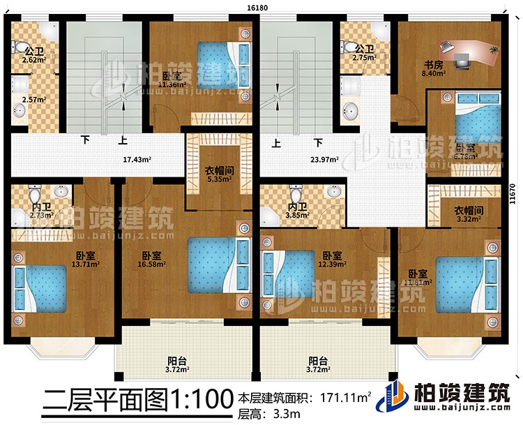 二層：2衣帽間、2內(nèi)衛(wèi)、2公衛(wèi)、書房、6臥室、2陽臺(tái)