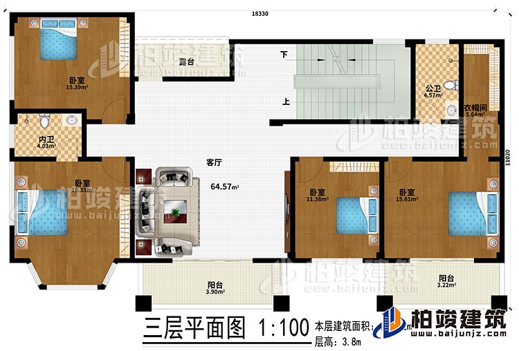 三層：4臥室、公衛(wèi)、內(nèi)衛(wèi)、客廳、衣帽間、2陽臺(tái)、露臺(tái)