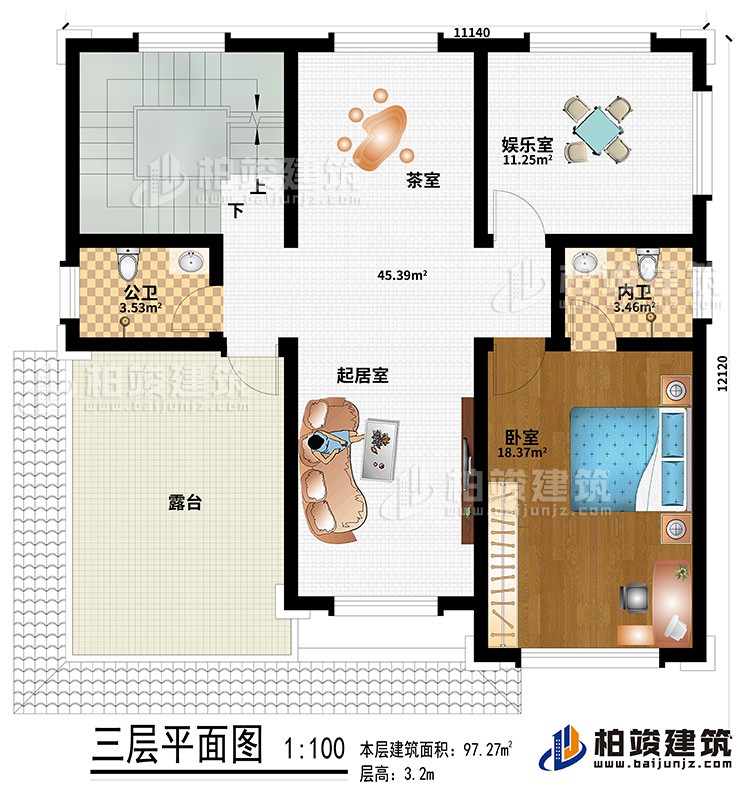 三層：起居室、茶室、娛樂室、公衛(wèi)、內(nèi)衛(wèi)、臥室、露臺