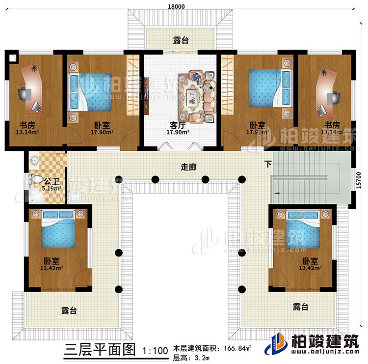 三層：走廊、3臥室、2書房、客廳、3露臺(tái)、公衛(wèi)