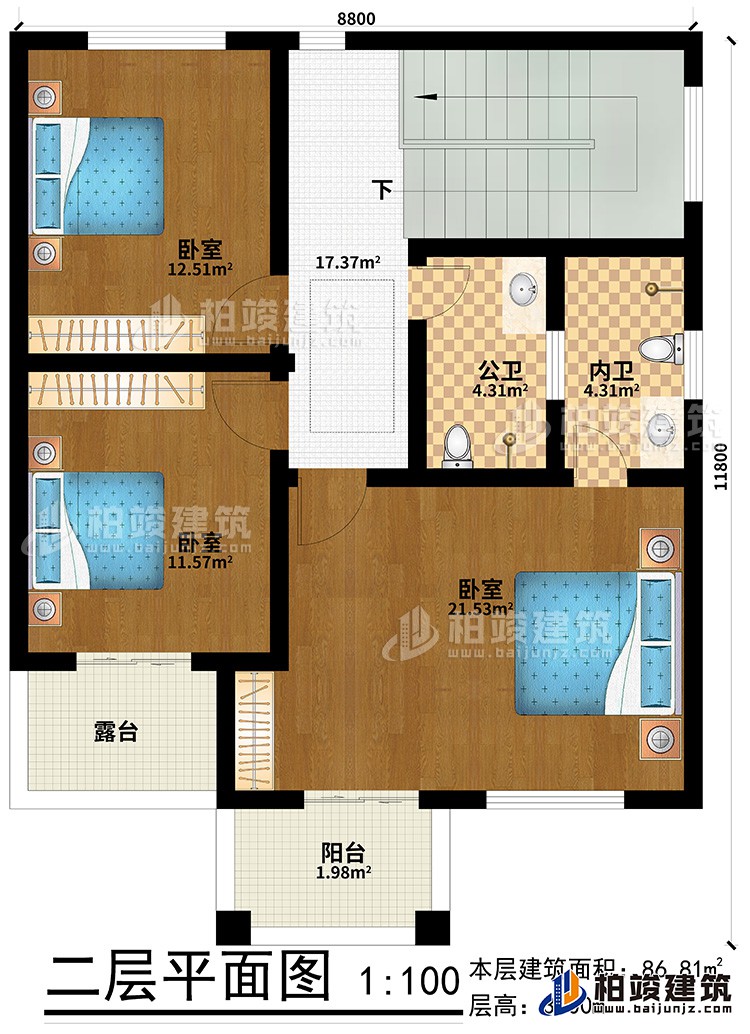 二層：3臥室、公衛(wèi)、內(nèi)衛(wèi)、陽(yáng)臺(tái)、露臺(tái)