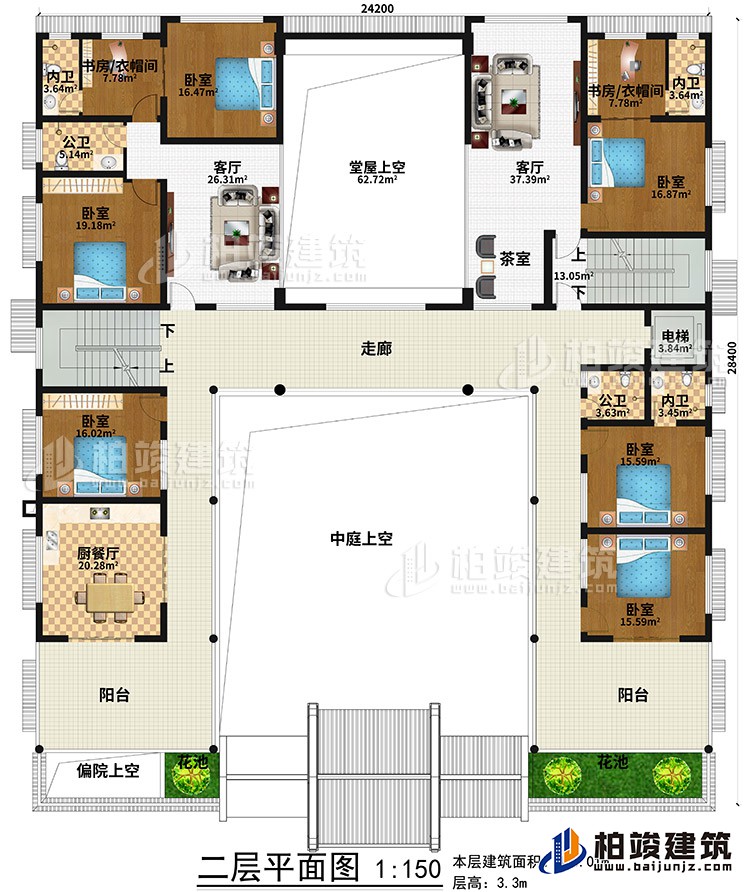 二層：廚餐廳、6臥室、2公衛(wèi)、3內(nèi)衛(wèi)、2客廳、堂屋上空、書房/衣帽間、茶室、2陽臺、2花池、偏院上空、中庭上空、走廊、電梯