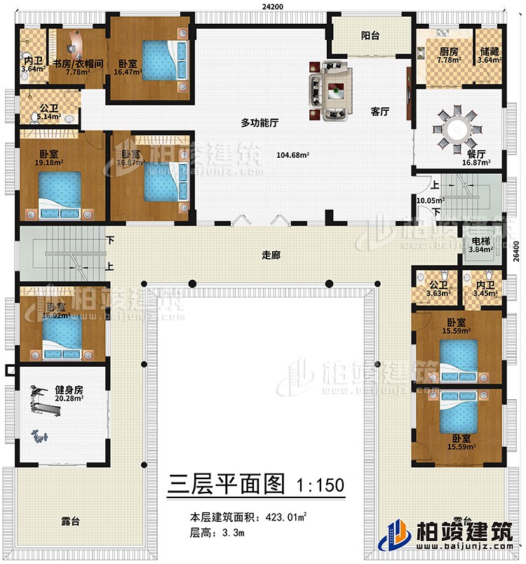 三層：健身房、6臥室、書房/衣帽間、2內(nèi)衛(wèi)、2公衛(wèi)、多功能廳、客廳、陽臺、餐廳、廚房、儲藏、電梯、2露臺