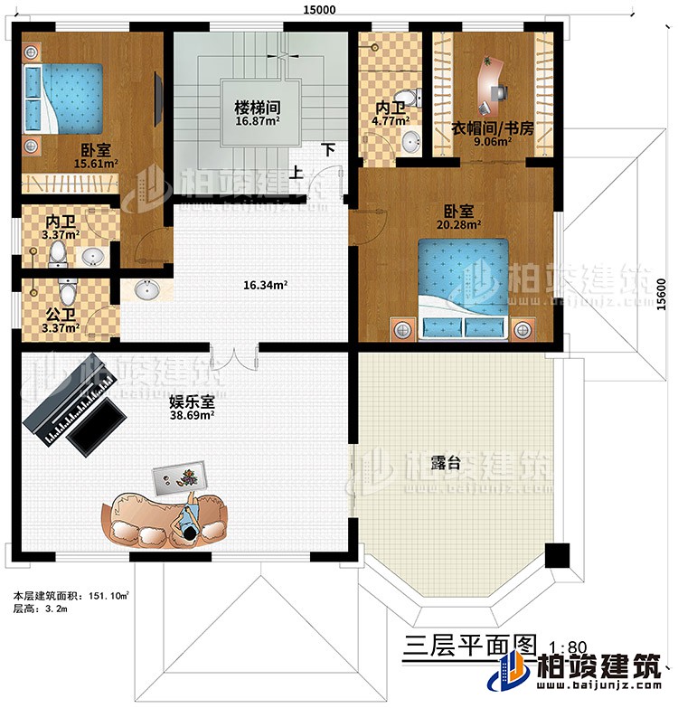 三層：樓梯間、娛樂室、2臥室、衣帽間/書房、2內(nèi)衛(wèi)、公衛(wèi)、露臺(tái)
