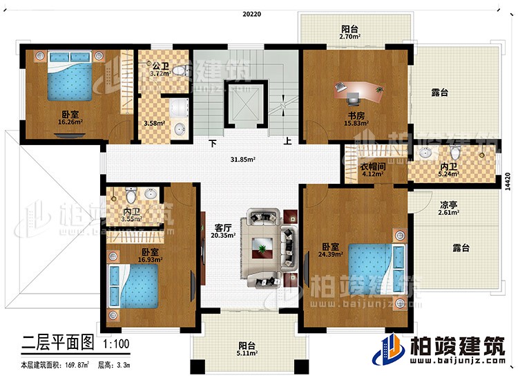 二層：3臥室、衣帽間、2內(nèi)衛(wèi)、公衛(wèi)、客廳、書房、衣帽間、2陽臺(tái)、2露臺(tái)、涼亭