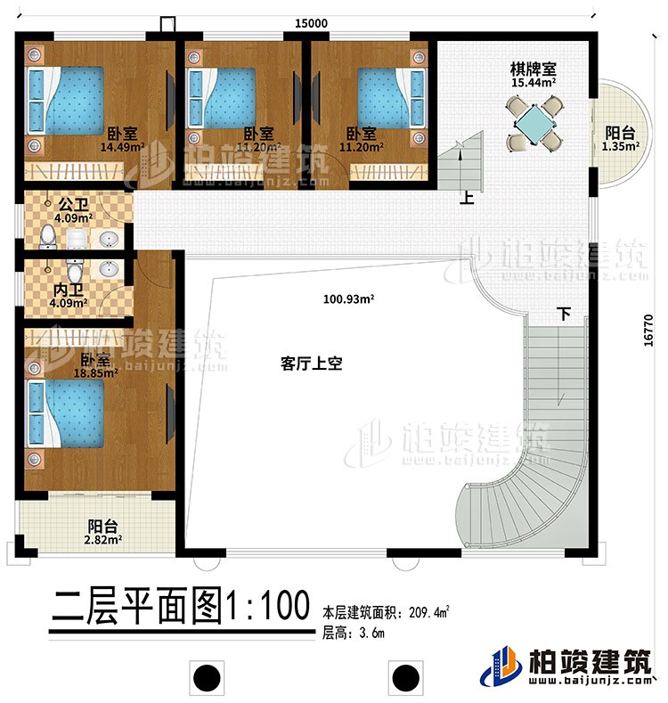 二層：4臥室、公衛(wèi)、內(nèi)衛(wèi)、棋牌室、2陽臺(tái)、客廳上空