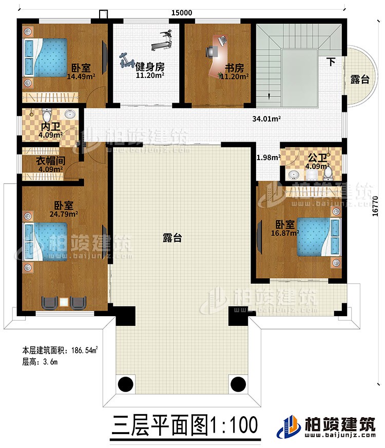三層：3臥室、健身房、衣帽間、內(nèi)衛(wèi)、公衛(wèi)、健身房、書房、2露臺(tái)