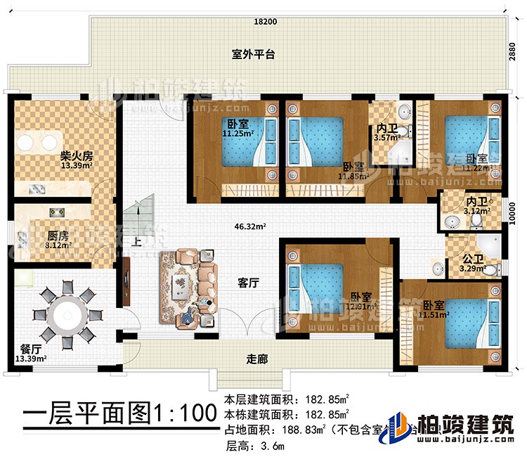 一層：走廊、客廳、餐廳、廚房、柴火房、室外平臺、5臥室、2內(nèi)衛(wèi)、公衛(wèi)