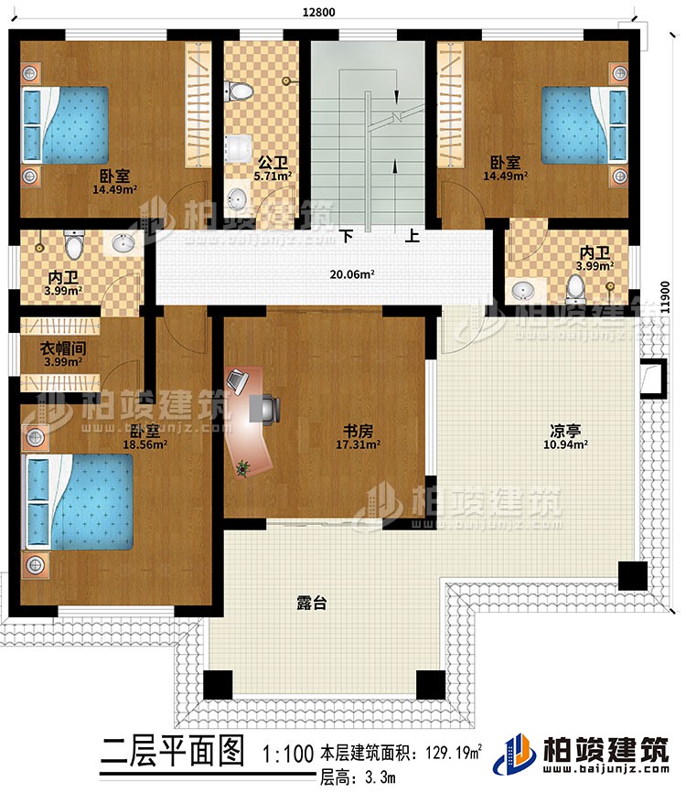 二層：3臥室、書房、公衛(wèi)、2內(nèi)衛(wèi)、涼亭、露臺