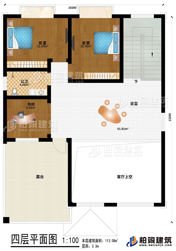 四層：2臥室、茶室、公衛(wèi)、書房、客廳上空、露臺
