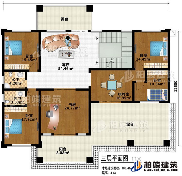 三層：客廳、4臥室、書房、棋牌室、內(nèi)衛(wèi)、公衛(wèi)、陽臺、2露臺
