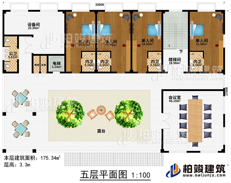 五層：樓梯間、過道、電梯、水井、電井、4單人間、4內(nèi)衛(wèi)、公衛(wèi)、露臺(tái)、會(huì)議