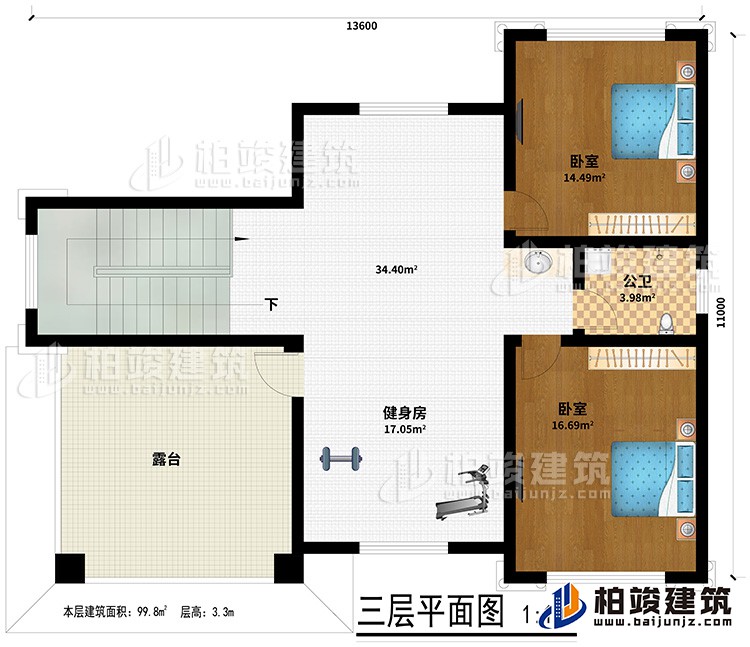 三層：２臥室、公衛(wèi)、健身房、露臺