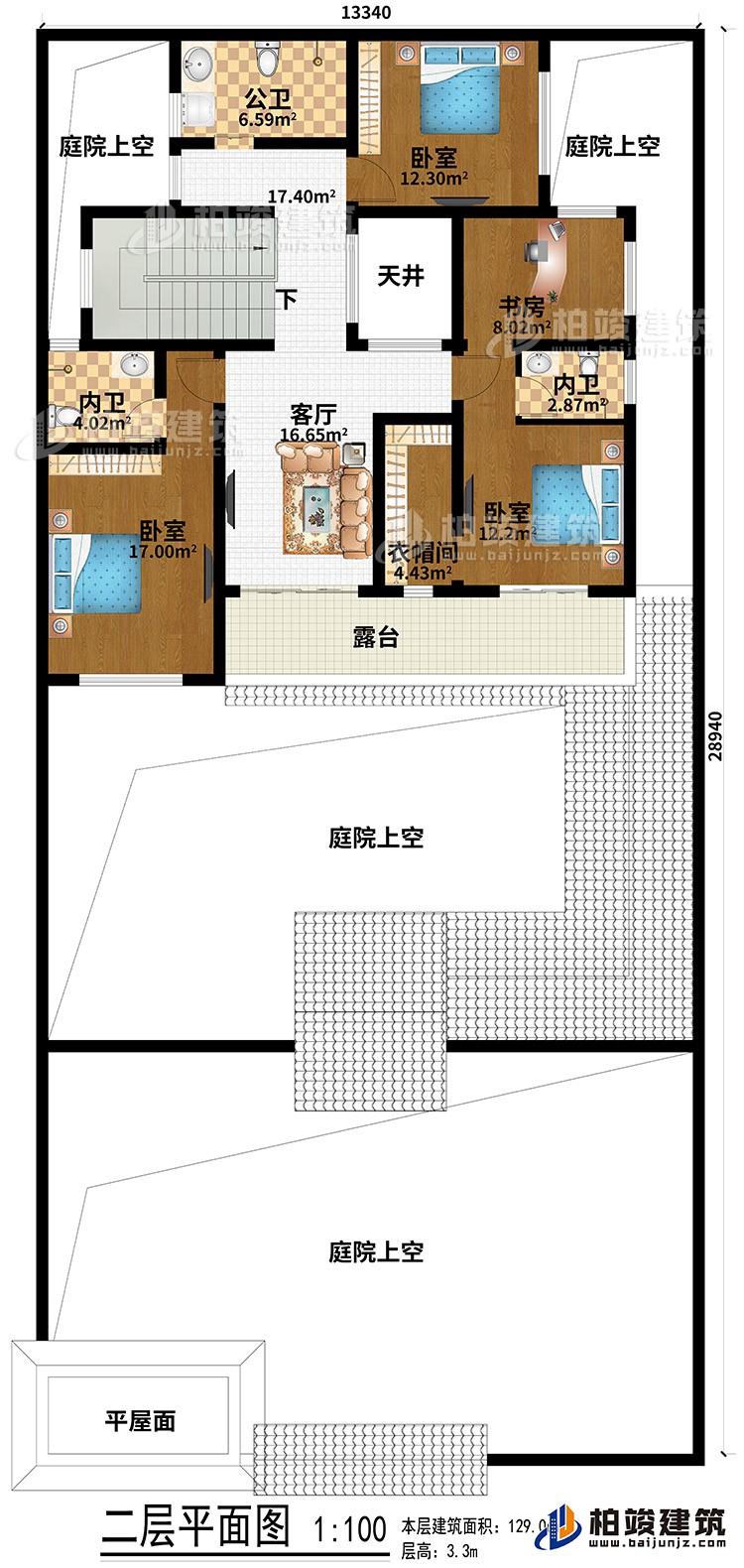 二層：平屋面、4庭院上空、3臥室、客廳、天井、衣帽間、書房、公衛(wèi)、2內(nèi)衛(wèi)